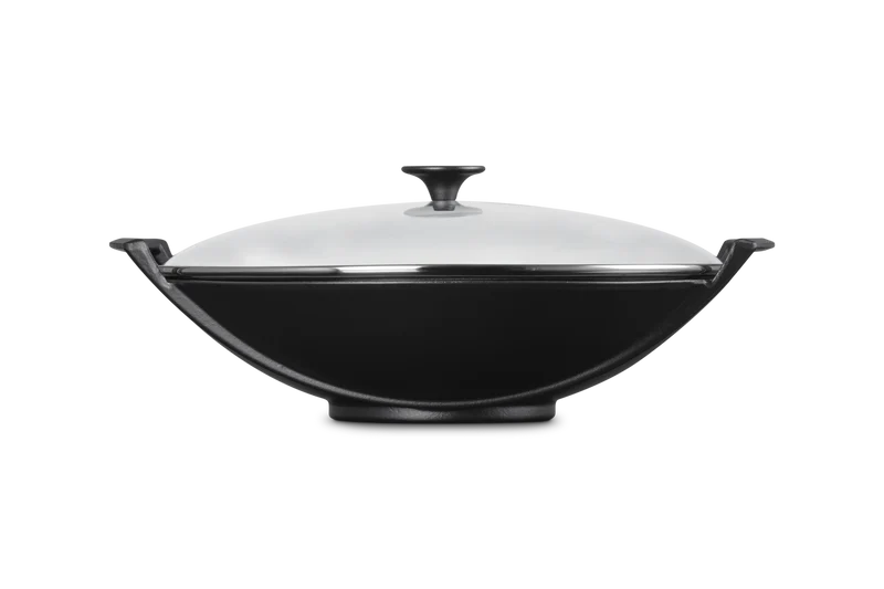 Wok in ghisa vetrificata con coperchio vetro - 36 cm, 4.5L Nero Matt