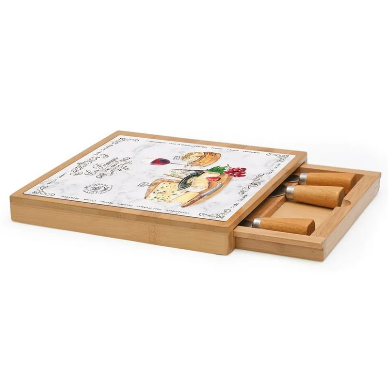Tagliere formaggio in bamboo 25,5x25,5 c/vetro e coltellini
