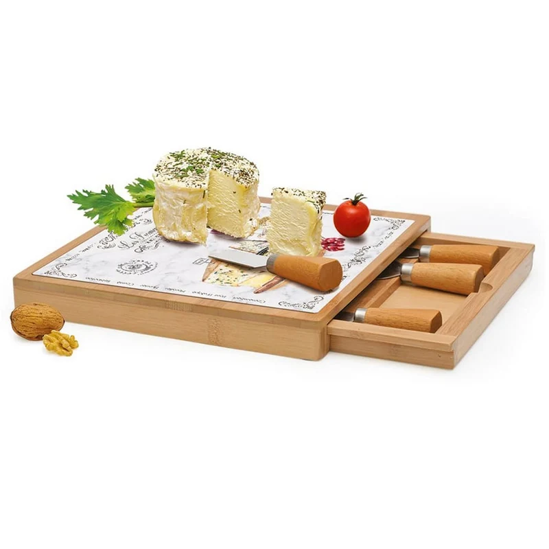 Tagliere formaggio in bamboo 25,5x25,5 c/vetro e coltellini