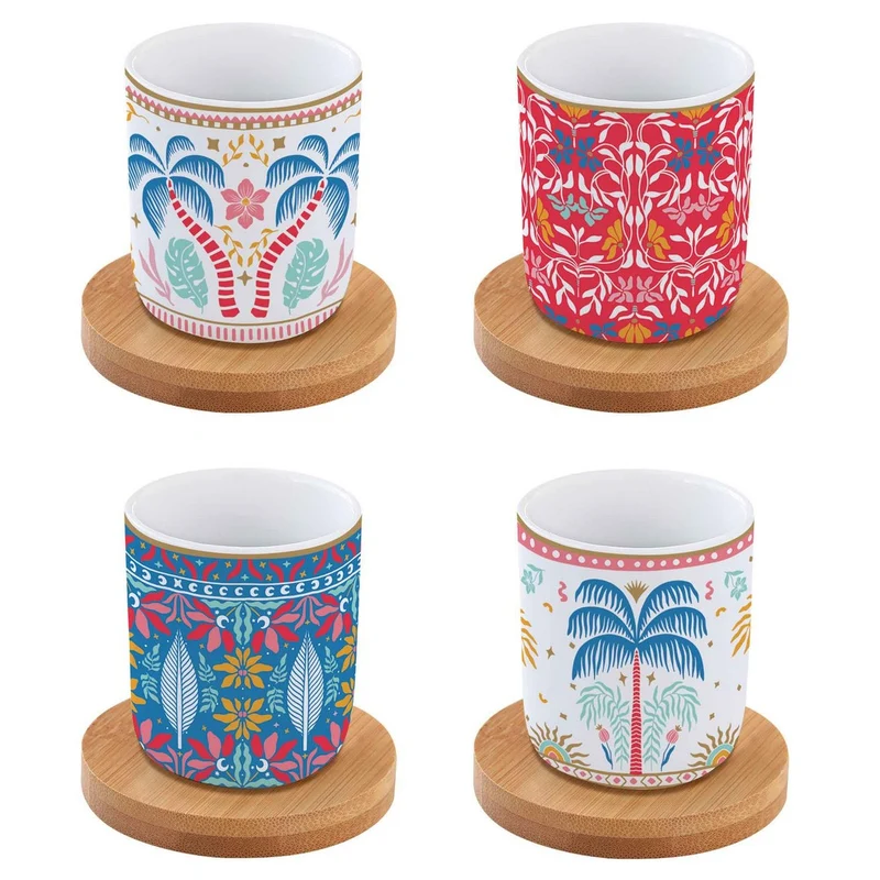 Set 4 bicchierini caffè in porcellana con piattino in bambù