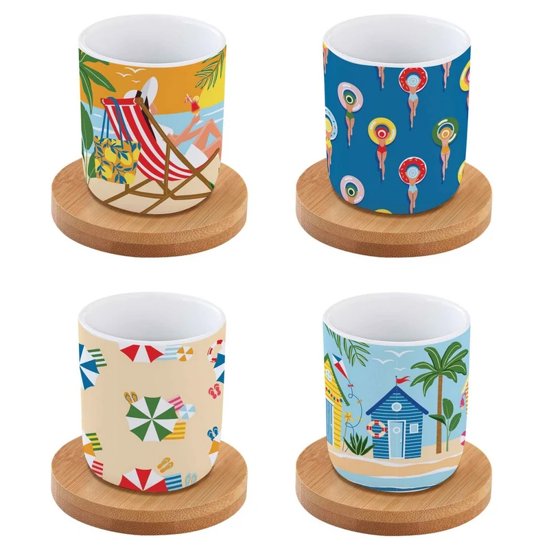 Easy Life Set di 4 tazze da caffè con sottobicchieri in bambù "A la Plage"