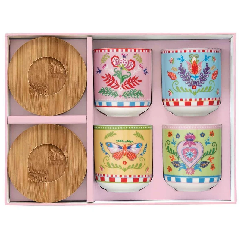 Set 4 tazze da caffè con sottobicchieri in bambù