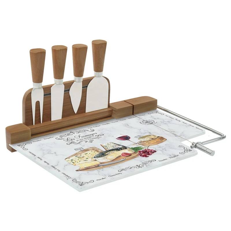 Easy Life Tagliere formaggi in vetro con filo e 4 coltelli "Les Fromages"