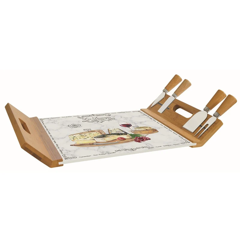 Vassoio servi-formaggio 44x28 in bamboo con base di vetro e 4 coltelli