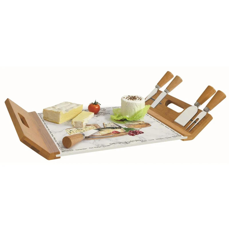 Vassoio servi-formaggio 44x28 in bamboo con base di vetro e 4 coltelli