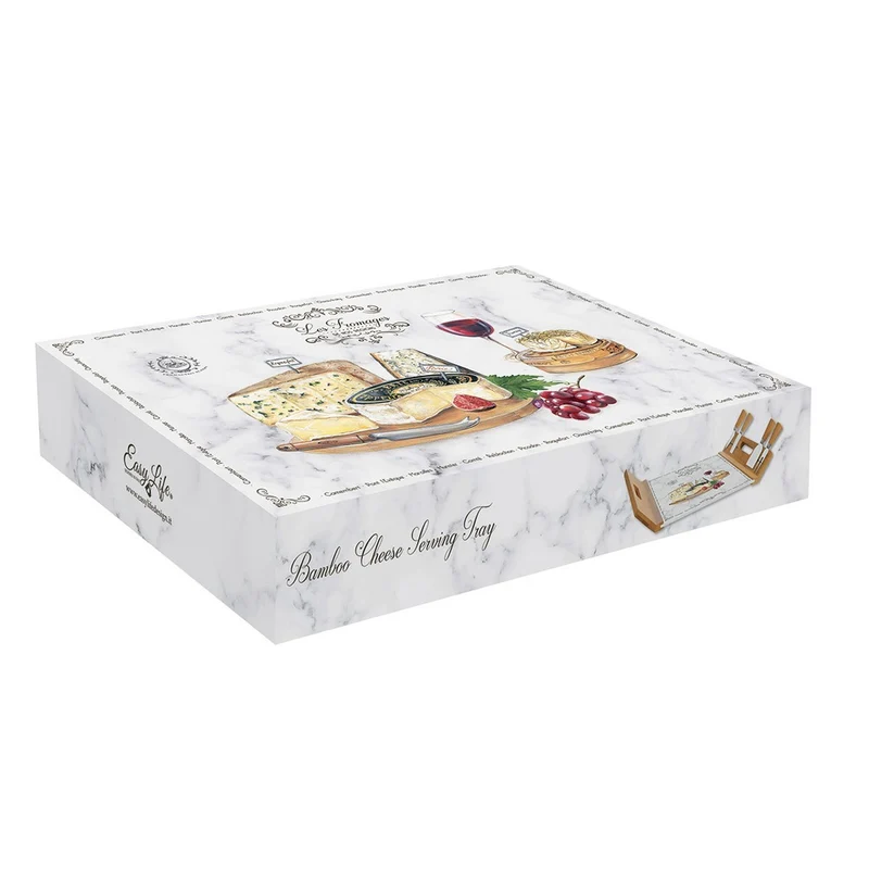 Vassoio servi-formaggio 44x28 in bamboo con base di vetro e 4 coltelli