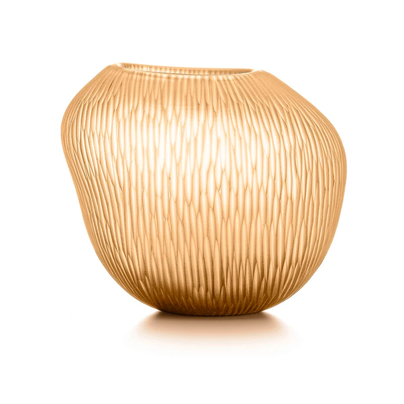 "Carving" vaso in vetro - H 24 cm / Pesca satinato con righe molate verticali