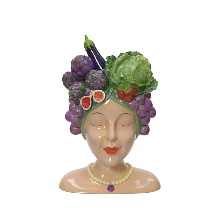 Vaso decorativo testa femminile con frutta in poliresina