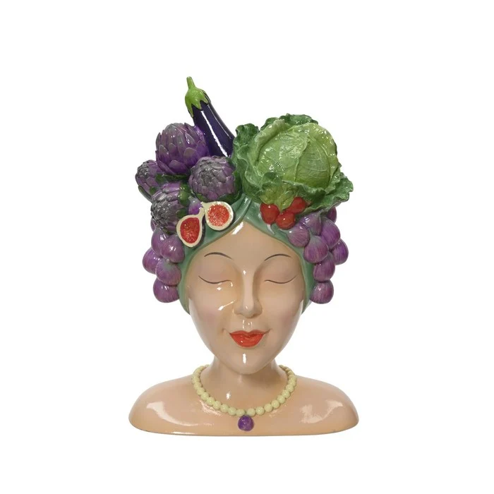 Vaso decorativo testa femminile con frutta in poliresina