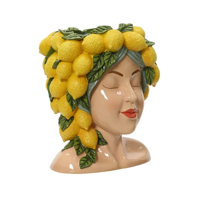Vaso decorativo testa femminile con limoni in poliresina
