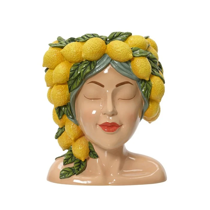 Vaso decorativo testa femminile con limoni in poliresina