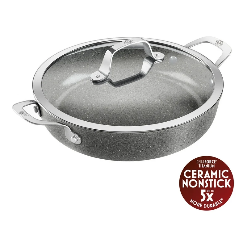 28 cm - Salina Ceramic Tegame Basso Antiaderente Con Coperchio In Alluminio