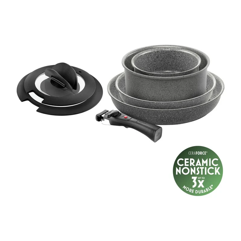 Torre Set Padelle e Casseruole Antiaderente Ceramico In Alluminio Con Manico Rimovibile e Coperchi - Set 7 Pz