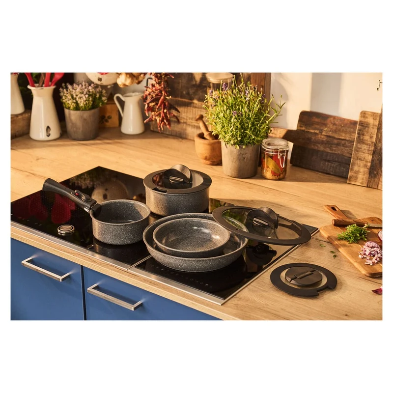 Torre Set Padelle e Casseruole Antiaderente Ceramico In Alluminio Con Manico Rimovibile e Coperchi - Set 7 Pz