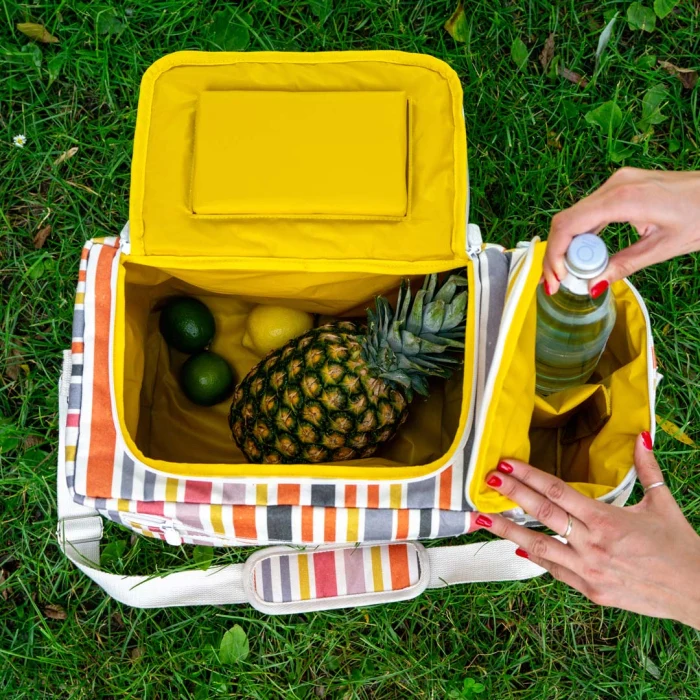 Borsa termica a righe - tasca per bottiglie / Crema - Gialla