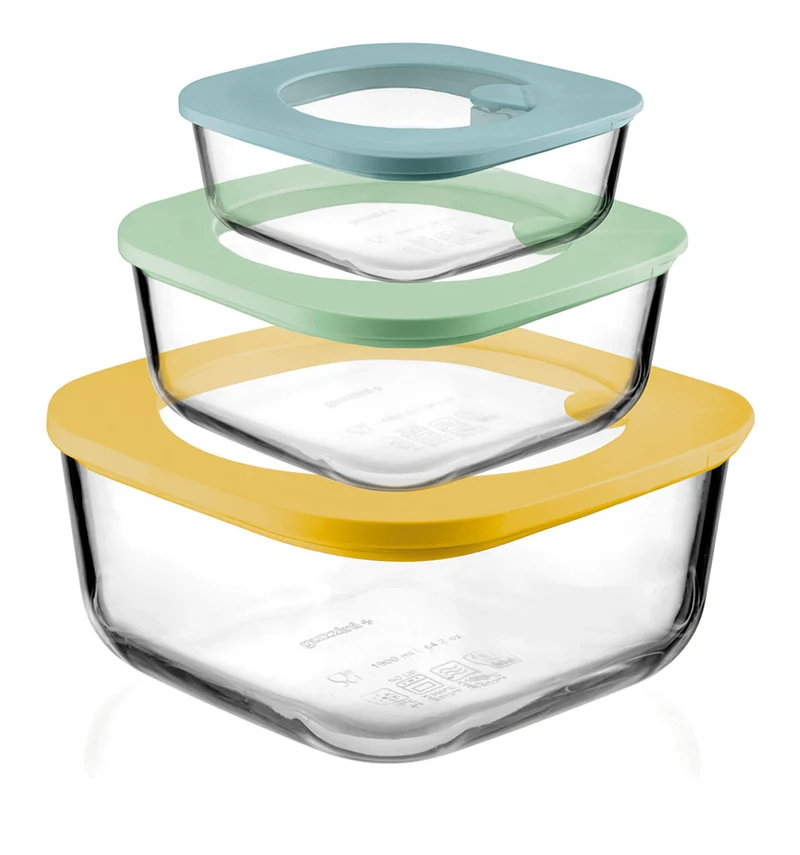 SET 3 CONTENITORI ERMETICI IN VETRO - COPERCHI COLORATI