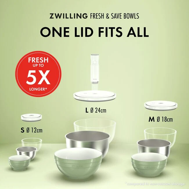 Set di ciotole sottovuoto S/M/L / 6-pz., acciaio inox, bianco-acciaio