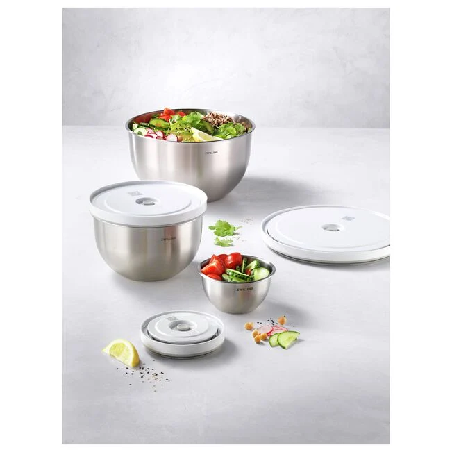 Set di ciotole sottovuoto S/M/L / 6-pz., acciaio inox, bianco-acciaio
