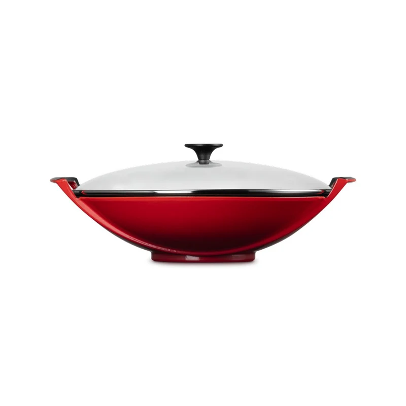 Wok in ghisa vetrificata con coperchio vetro - color ciliegia - 36 cm