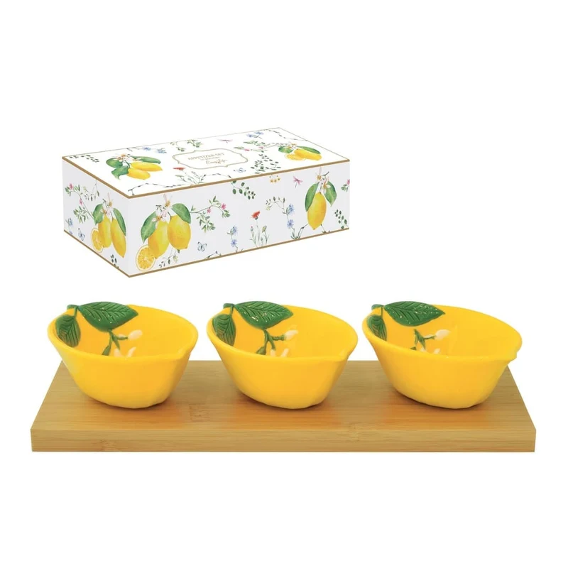 Set aperitivo con vassoio in bamboo e 3 ciotole in porcellana forma limone