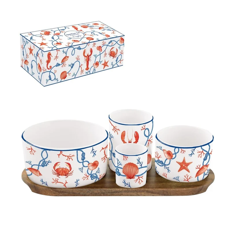 Set aperitivo in acacia c/4 ciotole in porcellana
