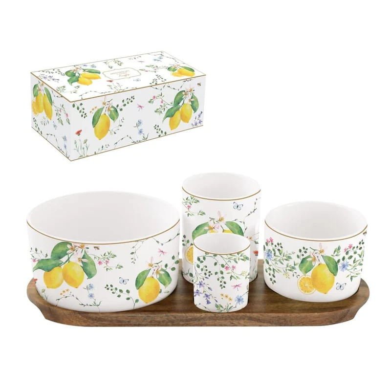 Set aperitivo in acacia c/4 ciotole in porcellana