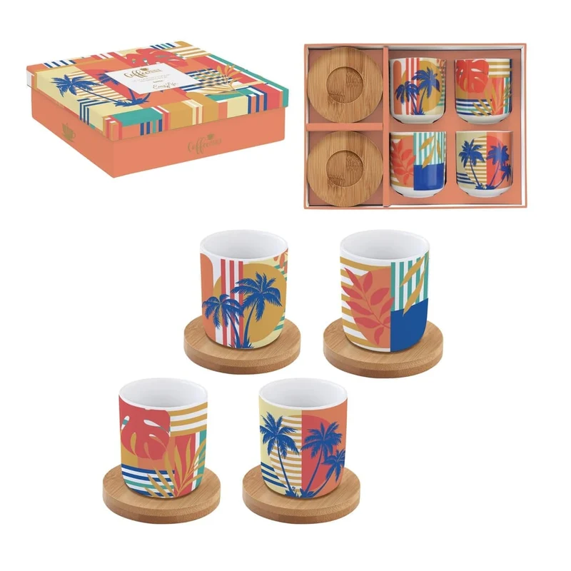 Set 4 bicchierini caffè 110 ml c/piattini in bamboo in gift box