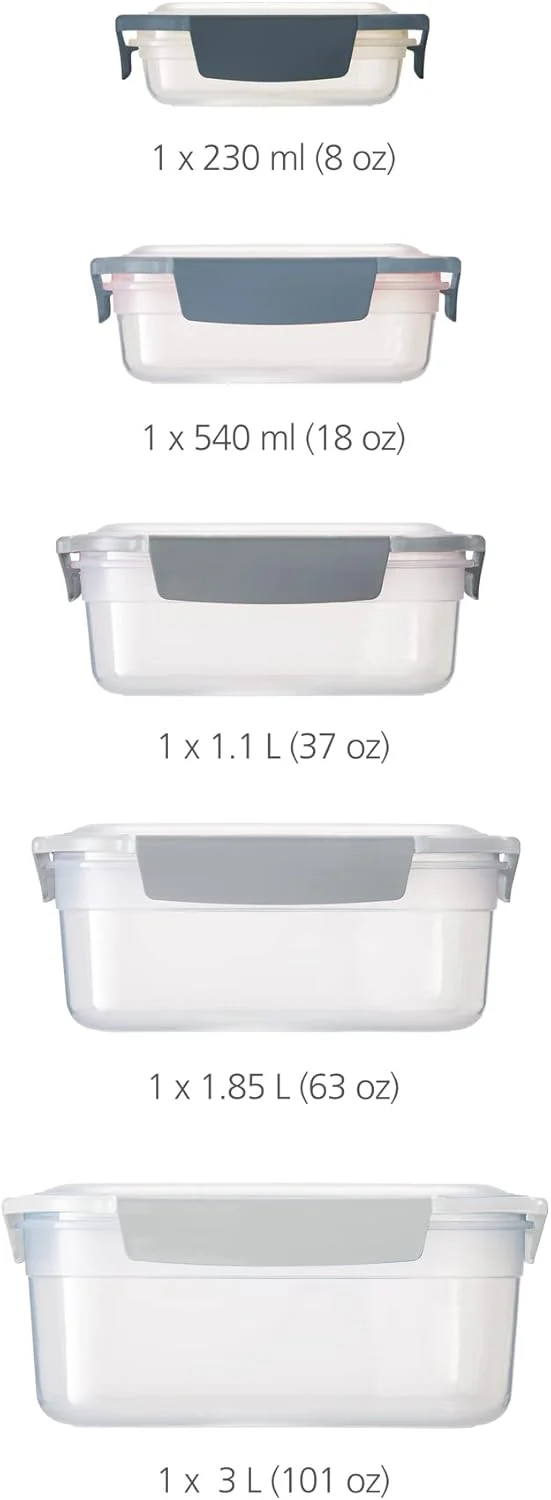 Nest Lock, Set 5PZ Contentiori in Plastica con Coperchio, Ermetici, Salvaspazio