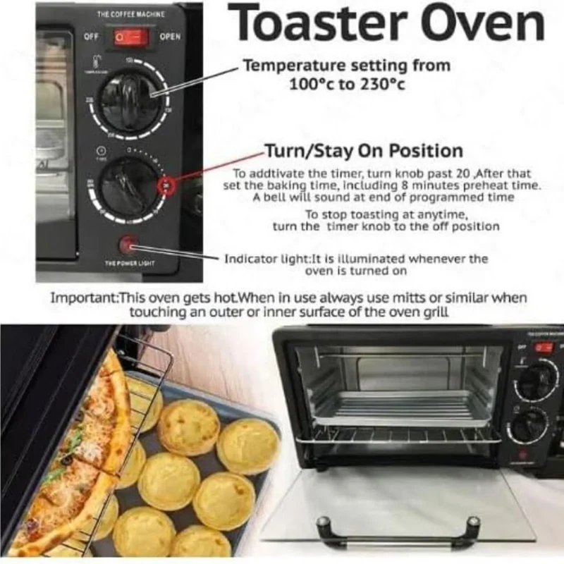 3 in 1 Breakfast Maker with Glass Lid Versatile Toasters with Frying Pan Mini Oven Includes Coffee Maker for Sandwich Kitchen