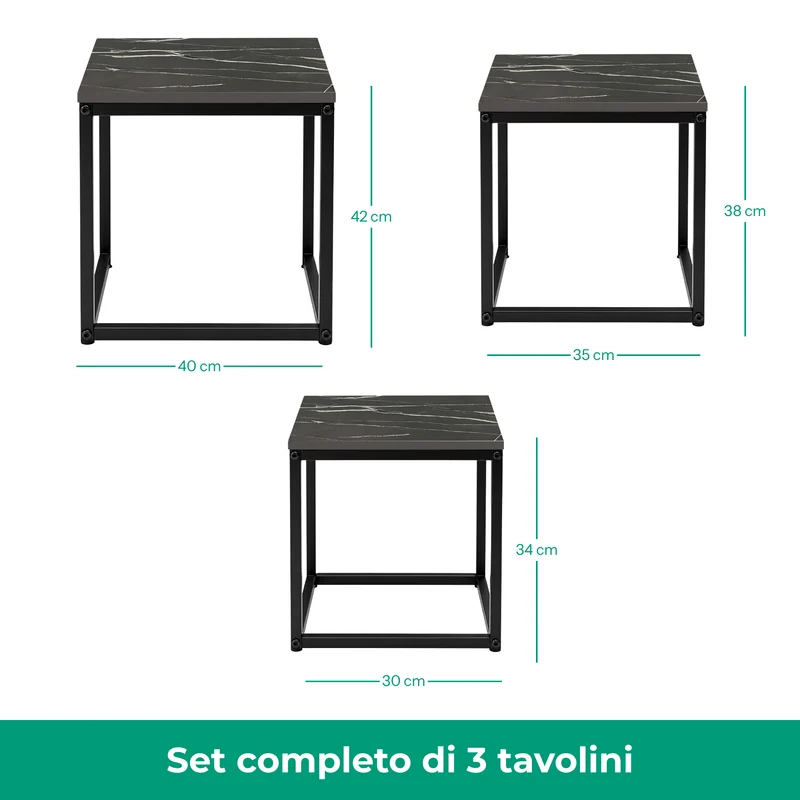 Set 3 Tavolini quadrati in metallo e MDF - Kubo