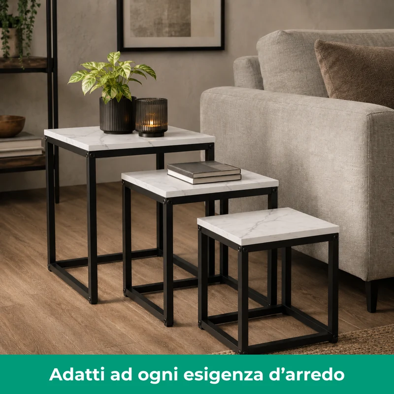Set 3 Tavolini quadrati in metallo e MDF - Kubo