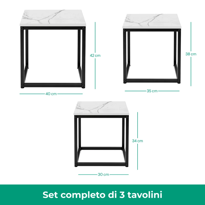 Set 3 Tavolini quadrati in metallo e MDF - Kubo