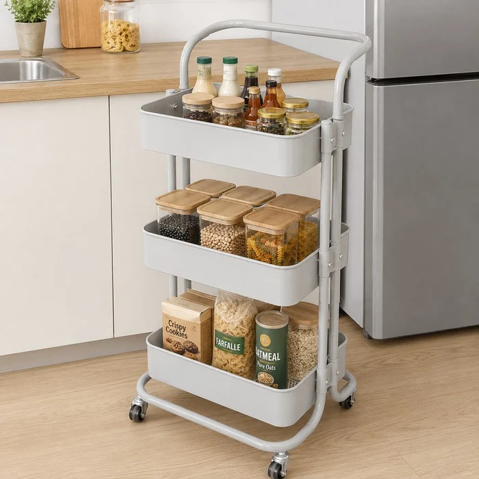 Carrello da cucina in metallo 3 ripiani, con ruote - Domera
