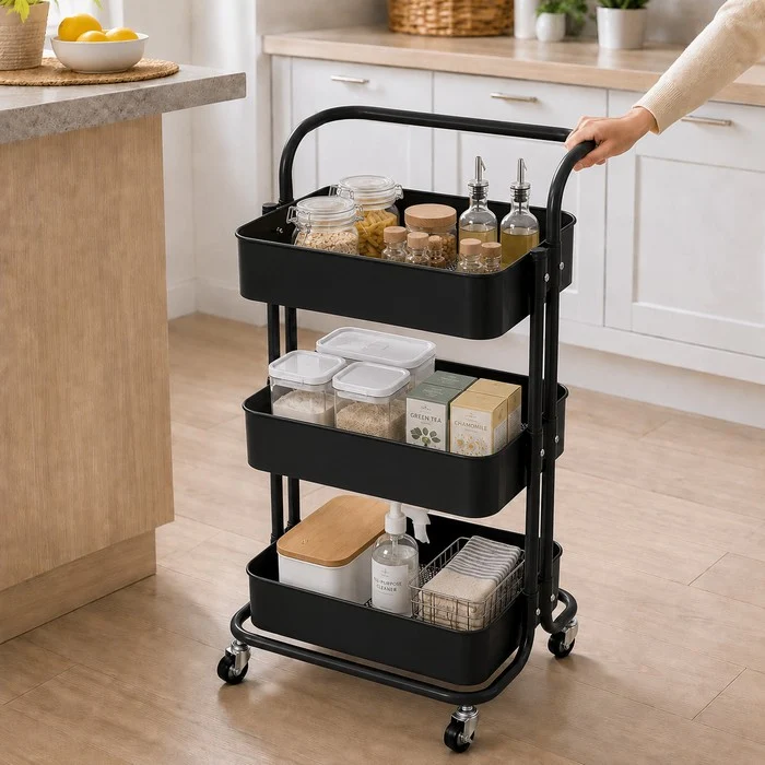 Carrello da cucina in metallo 3 ripiani, con ruote - Domera