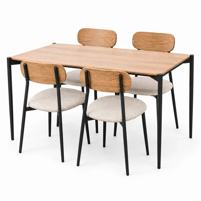 Set tavolo moderno con 4 sedie in metallo e MDF, sedute in tessuto - Emily