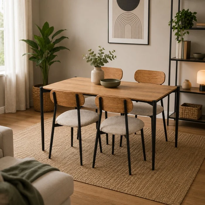 Set tavolo moderno con 4 sedie in metallo e MDF, sedute in tessuto - Emily