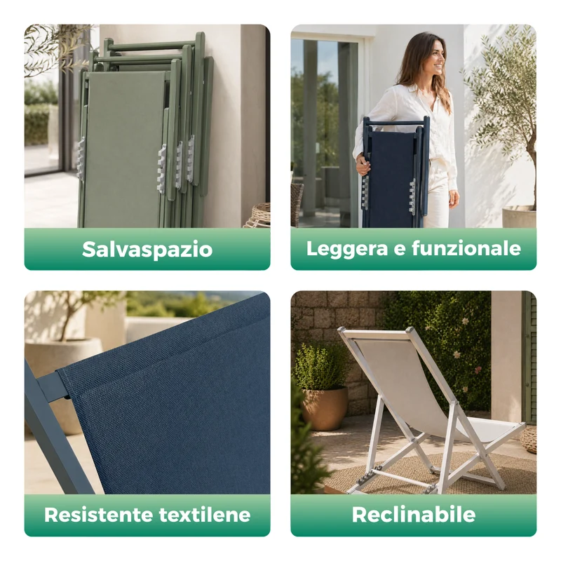Set 4 Sedia a sdraio da giardino in alluminio e textilene