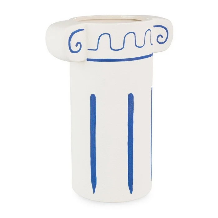 Vaso cilindrico in gres ceramico bianco con decorazioni blu 23 cm - Greek