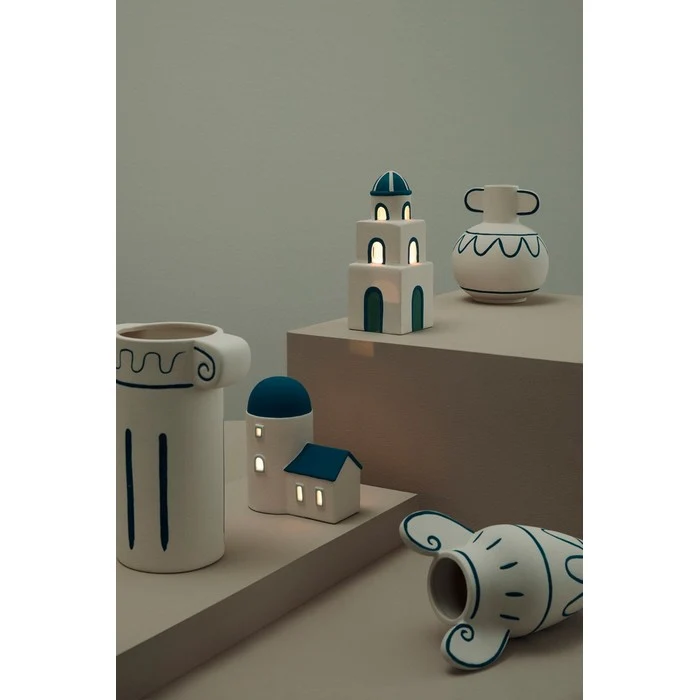 Vaso anfora in gres ceramico bianco con decorazioni blu 18 cm - Greek