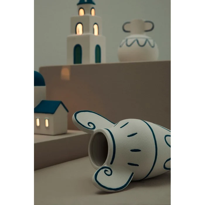 Vaso anfora in gres ceramico bianco con decorazioni blu 18 cm - Greek