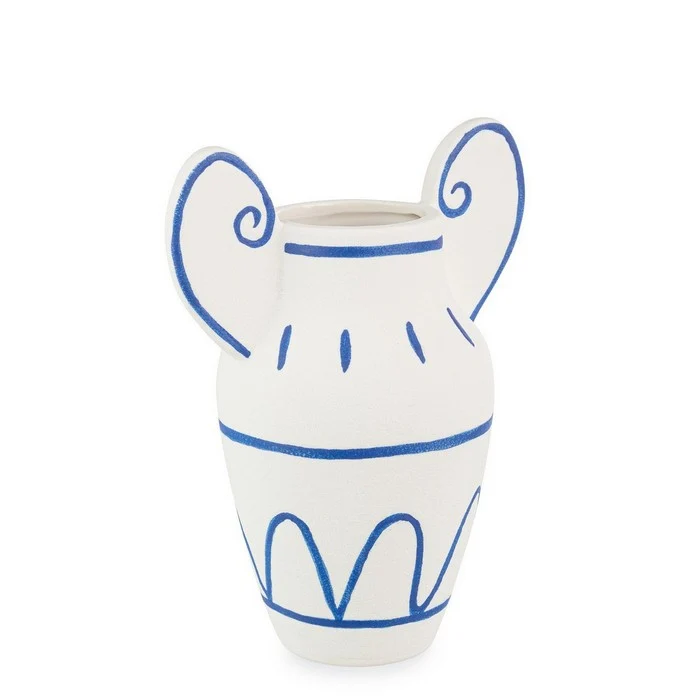 Vaso anfora in gres ceramico bianco con decorazioni blu 20 cm - Greek