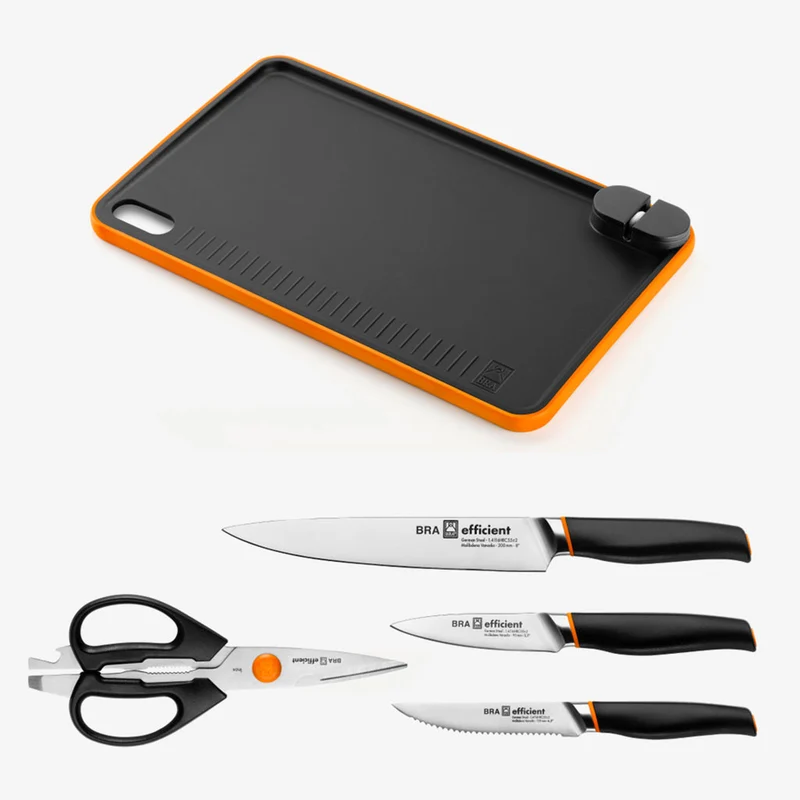 Set de 3 cuchillos y tijeras con tabla de cortar y afilador Efficient