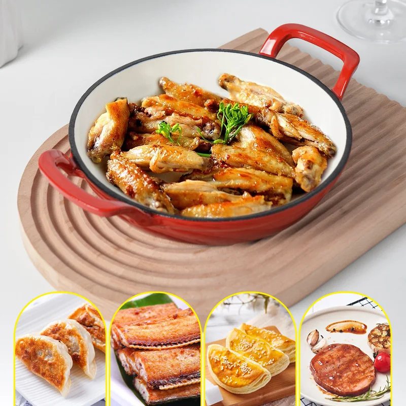 Enameled Cast Iron Frying Pan 20cm Dual Loop Handle Skillet Non Stick Grill Pan For Fried Steak For Oven Stovetop Induction