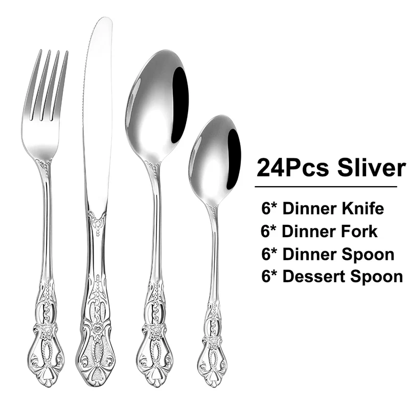 6/24/30 Pieces Sliver Cutlery Set Stainless Steel Tableware Western Luxury Dinner Set Mirror Elegant Knife Fork Spoon Flatware