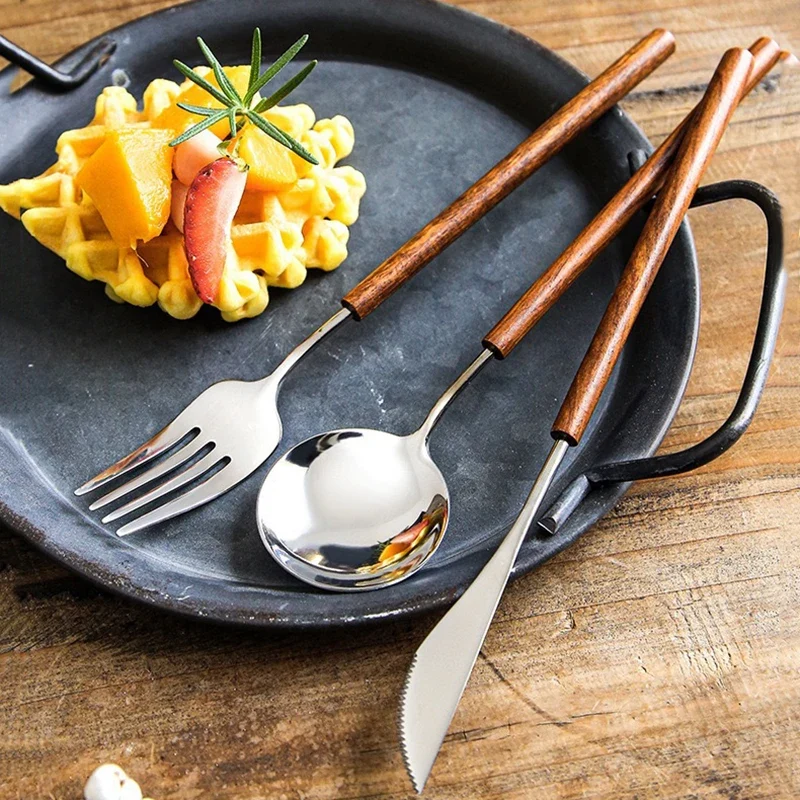 3-Piece Flatware Set with Wooden Handle, 304 Stainless Steel Cutlery Set, Mirror Polished Knife Fork Spoon