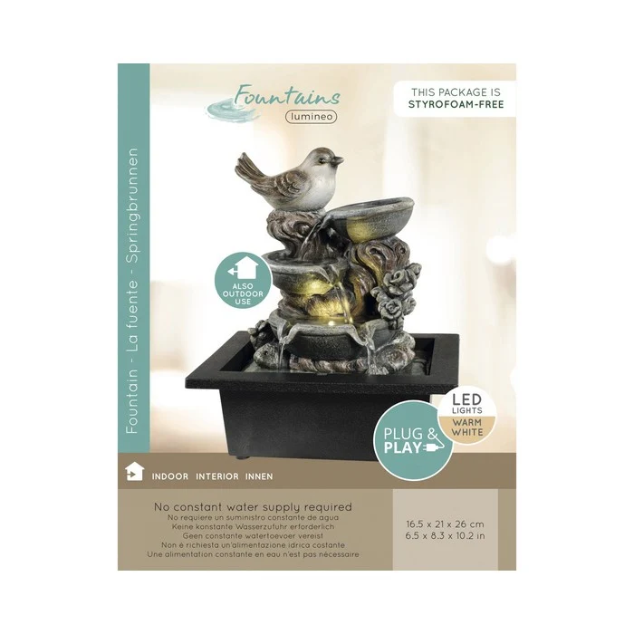 Fontana decorativa con uccellino in poliresina 26 cm