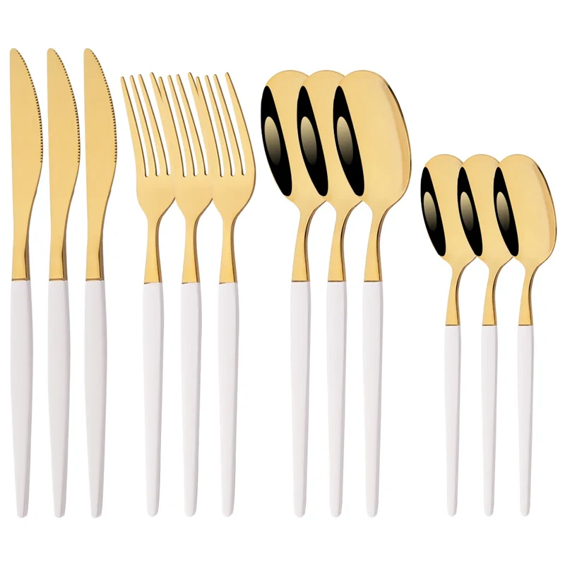 12Pcs Stainless Steel Dinnerware Set Golden Cutlery Spoon Fork Knife Western Cutlery Silverware Flatware Tableware Supplies
