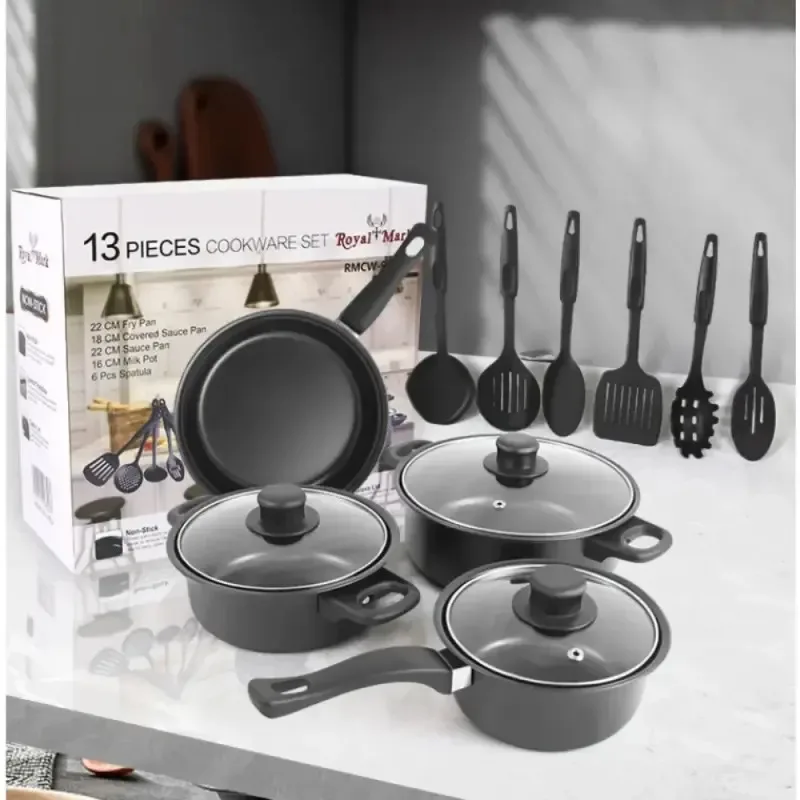 13 Piece Cookware Set Milk Pot Soup Pot Flat Bottomed Small Frying Pan with Lid And Shovel Kitchenware Set for Cooking pots Set