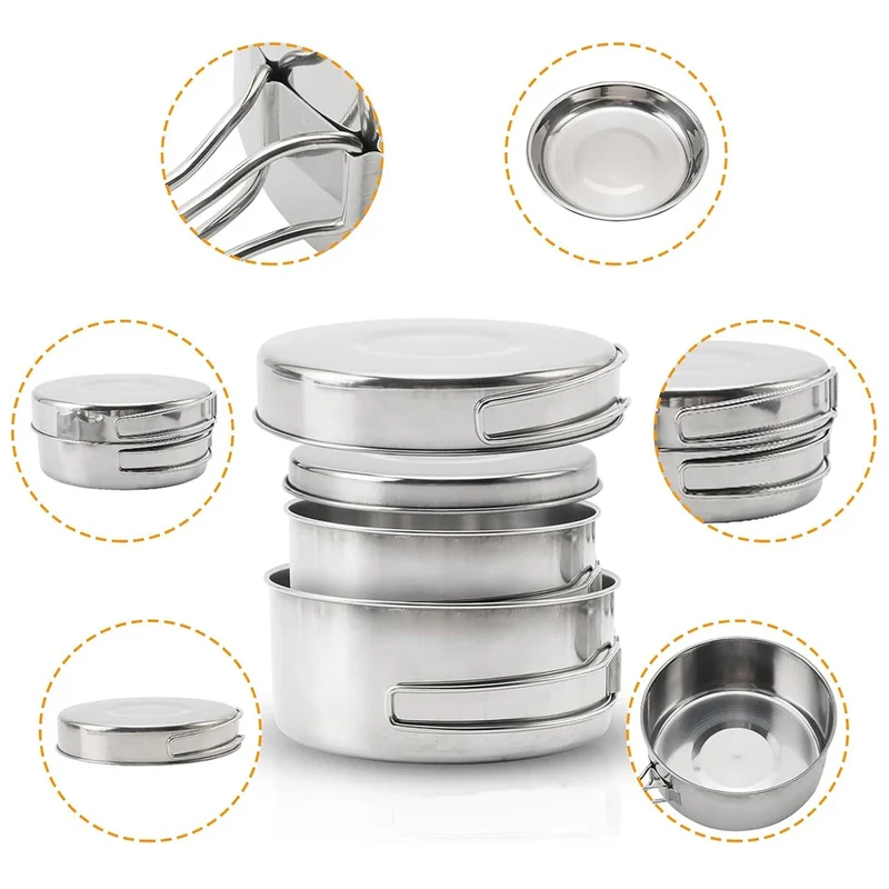 Stainless Steel 8Pcs Cookware Set for Camping Camping Pot and Pan Set with Cups Outdoor 2-3 Person Tableware for Hiking Picnic