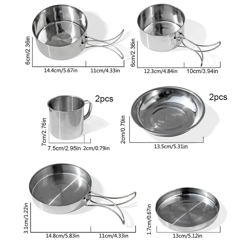 Stainless Steel 8Pcs Cookware Set for Camping Camping Pot and Pan Set with Cups Outdoor 2-3 Person Tableware for Hiking Picnic